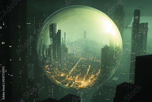 Futuristic city enclosed in a glowing sphere with reflections of skyscrapers and sunset over urban landscape