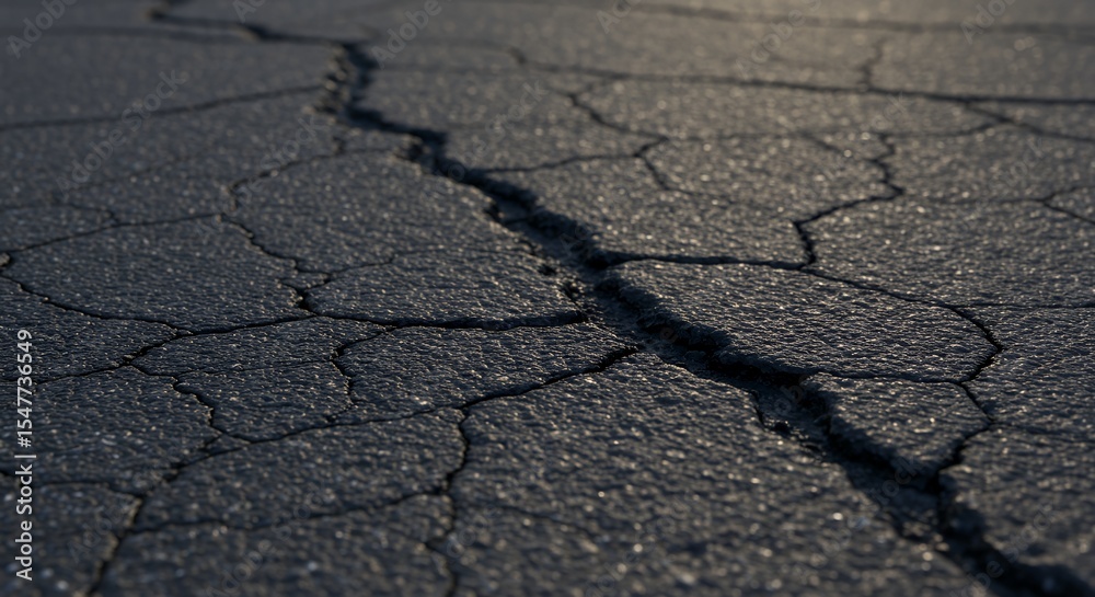 Obraz premium Cracked Asphalt Texture: A Close-Up View of a Dark, Weathered Surface