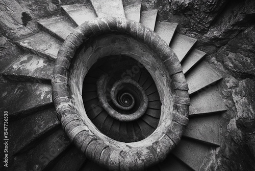 Endless spiral staircase viewed from above, showcasing a mesmerizing architectural design in a historic building