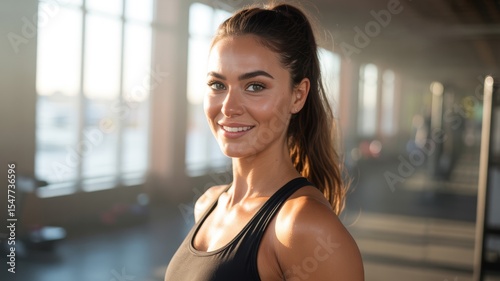 Free Download A woman in athletic wear smiles warmly in a well-lit indoor space, possibly a gym or studio. - GFXLoad