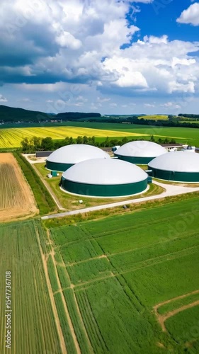 Aerial view of biogas plant domes in green farmland under a blue sky with scattered white clouds