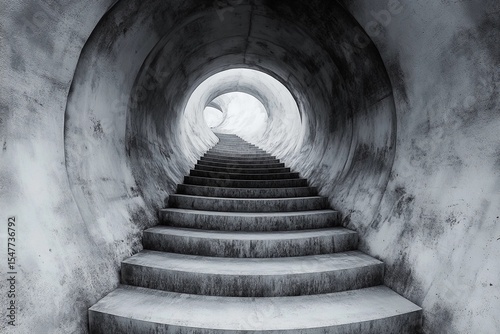 Steps lead into an endless circular tunnel creating a mysterious atmosphere with a sense of depth and intrigue