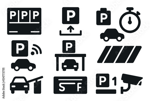 Parking and transportation icon set: filled style collection for urban navigation