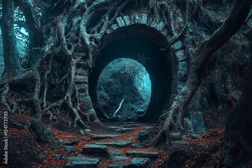 Majestic portal to another world glows amidst ethereal landscape with rolling clouds and sunlit greenery