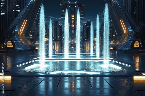 Futuristic plaza featuring a symmetrical fountain illuminated by urban lights in a vibrant cityscape