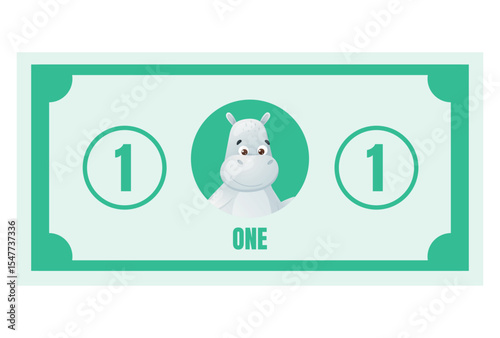 Cute cartoon vector money bill with hippo character and number one. Fun and colorful printable play money for kids games, early learning, preschool classroom, or educational resources.