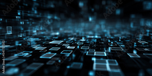 Abstract Digital Landscape Dark Blue Cyan Glowing Squares Futuristic Technology Background