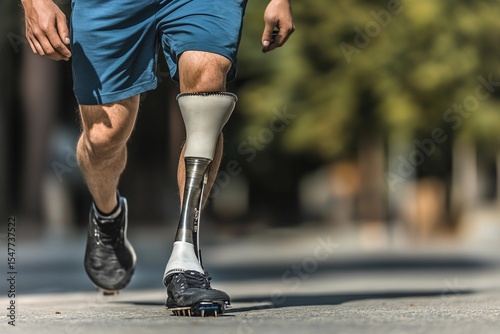 Man confidently walking on the street with a prosthetic leg during a sunny day in an urban environment