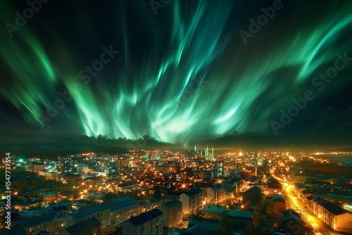 Aurora-like phenomenon illuminates city skyline with vibrant lights against a darkening twilight backdrop