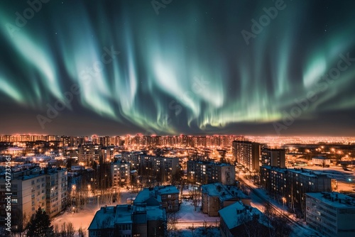 Aurora-like phenomenon illuminates city skyline with vibrant lights against a darkening twilight backdrop