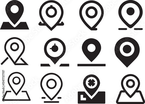 A set of modern and location Icon Navigation Vector representing various locations and points on a map, suitable for digital mapping and travel-related graphics.
