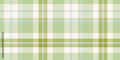 Seamless light green, beige, and light blue plaid pattern with diagonal striped details. Geometric textile design for backgrounds and print