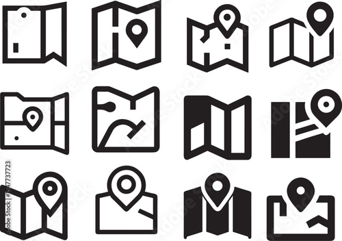 A comprehensive collection of map icons, showcasing diverse designs to represent navigation and wayfinding, perfect for any journey.