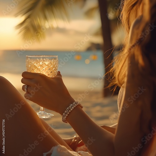 woman in profile holding a drink in a glass cup at the beach