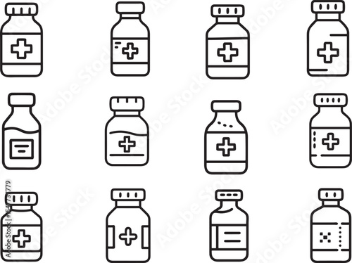 Twelve diverse minimalist pill bottle icons with pharmaceutical cross symbol in a simple line art style.