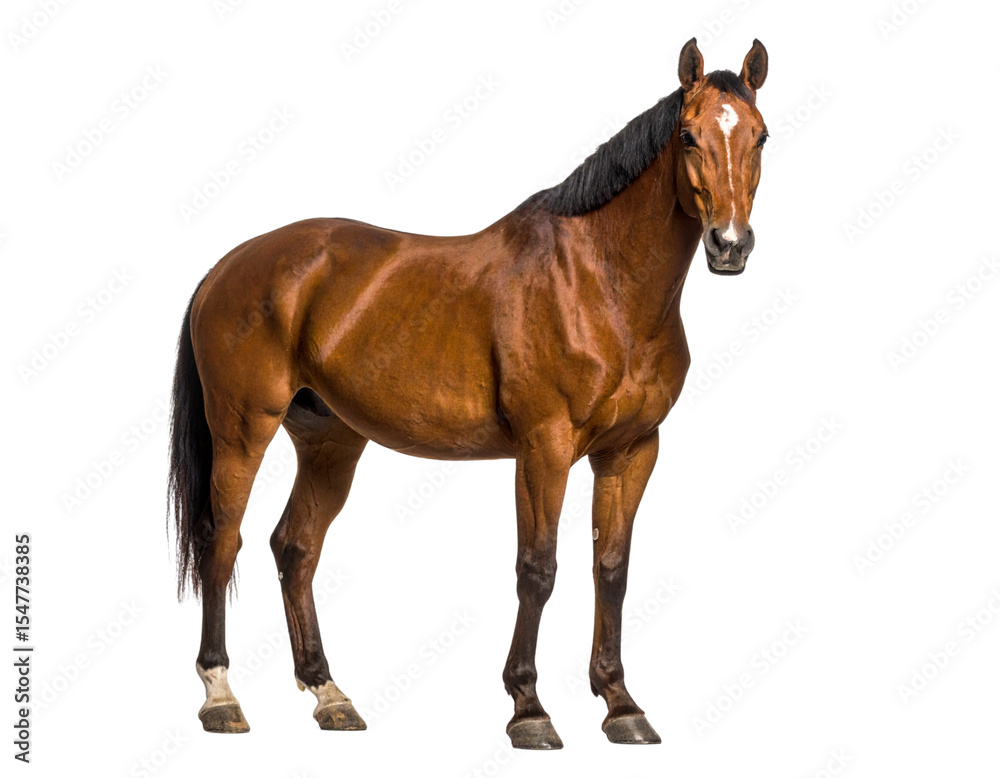 Fototapeta premium Three-Quarter Front View of Alert Chestnut Horse, Transparent PN