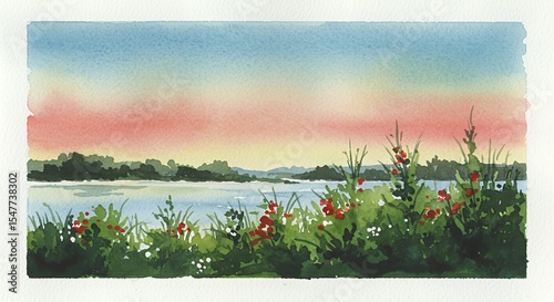 Serene Sunset Over Water: A Watercolor Landscape