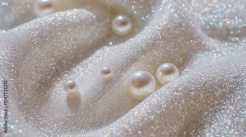 Glossy White Pearls on Sparkling Fabric Close-up