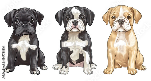 Set of three different dog breedsfacing forward. Each element is separately isolated
