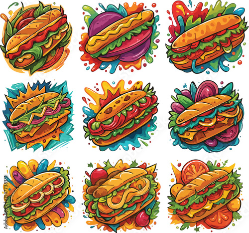 Colorful Cartoon Sandwich Collection with Fresh Ingredients and Abstract Backgrounds for Food Illustrations