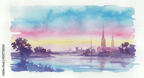 Pastel Sunset over Riga's River Daugava and Silhouette of Churches