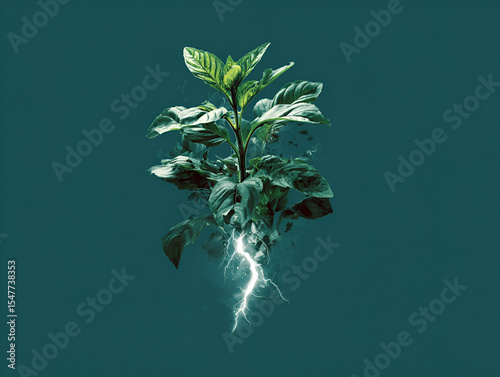 Growing Plant with Lightning Power on Dark Green Background Illustration