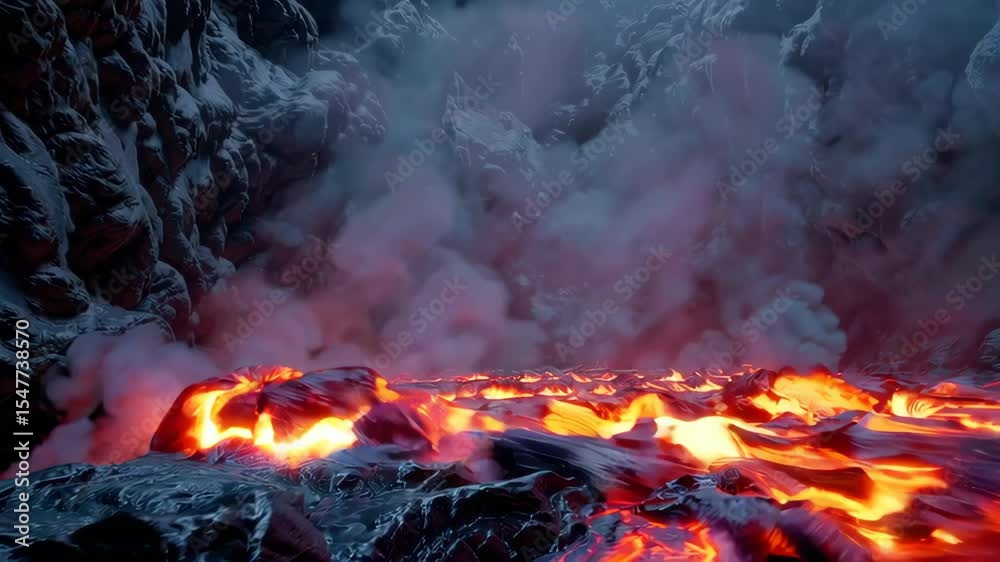 Erupting Lava Flow in a Dramatic Canyon Surrounded by Smoke and Ash, Capturing Nature's Fury