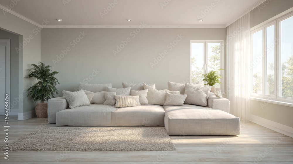 Fototapeta premium Airy living room with light gray sofa, light beige walls, and plenty of natural light