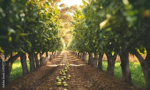 Sunlit orchard row of trees and fallen fruit creating a symmetrical vista