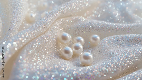 Glossy White Pearls on Sparkling Fabric Close-up