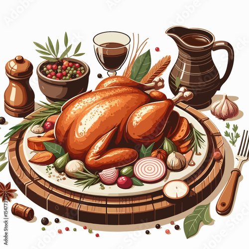 Vibrant illustration of a roasted chicken on a platter, garnished with seasonal vegetables, herbs, and spices, set against a backdrop of autumnal colors.