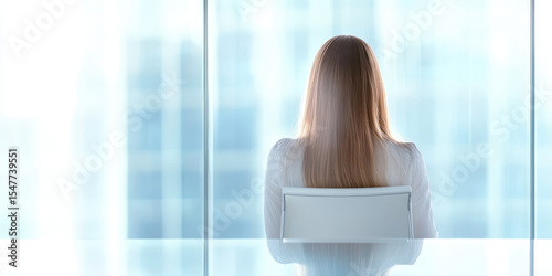 A woman with long hair sits in a chair facing a large glass window, back view. Solitude, contemplation, modern office