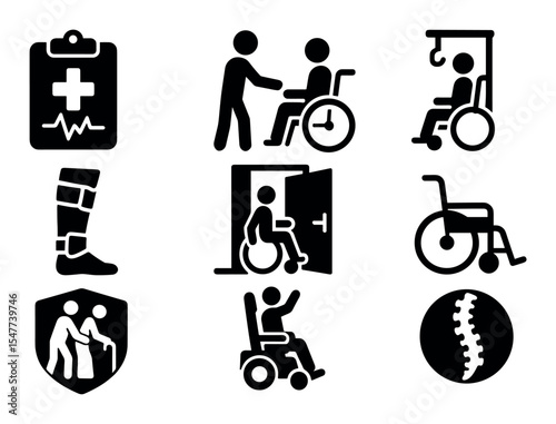 Healthcare and accessibility icon set. wheelchair, medical silhouette collection