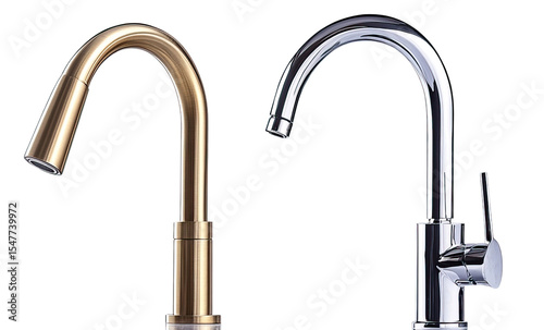 Set of three different kitchen faucets with unique designs. Each element is separately isolated on white