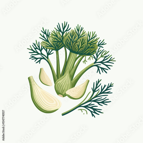 Detailed graphic illustration of fennel and its bulbous sections, paired with garlic cloves, displayed on a light background.