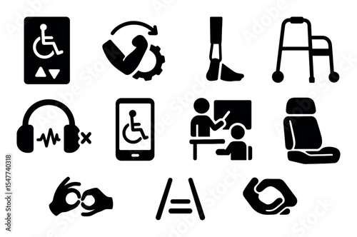 Accessibility and disability silhouette icon set. assistance, support symbols collection