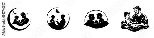 Creative black icon set depicting father-son bonding moments during evening activities