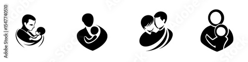 Black icon set depicting family love and care in various forms including parental hugs and nurturing moments