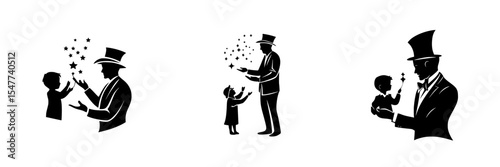 Magician performs tricks with child and stars in an enchanting black icon design
