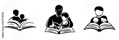 Illustration of a black icon depicting a family sharing moments while reading books together at home