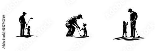 Father and child learning and enjoying golf together in a playful outdoor setting