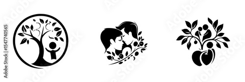 Black icons depicting family and nature themes, showcasing unity and connection between people and the environment