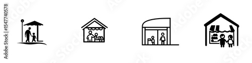 Set of black icons depicting various activities and locations related to family and community engagement
