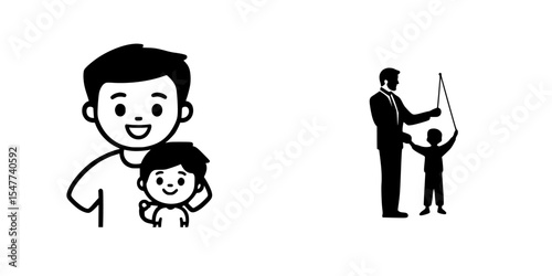 Family bonding moments captured with simple black icons depicting a parent and child engaged in joyful activities together