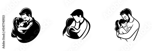 Loving embrace illustrated in black icon set showcasing different pairs in heartfelt moments of connection