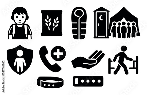 Camping essentials solid icon set. outdoor safety equipment and survival tools