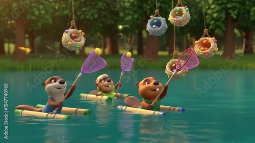 Animated woodland creatures enjoying a playful day on a calm lake bright pastel colors cartoon style