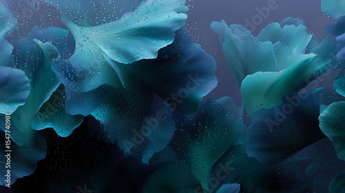 Teal Flower Petals with Dew Drops in Macro Abstract Style