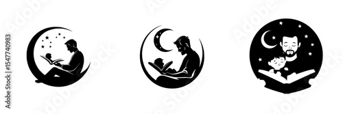 Icons representing a peaceful bedtime story experience between a parent and child under a night sky backdrop