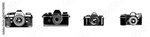 Set of black camera icons showcasing different styles and designs for photography enthusiasts